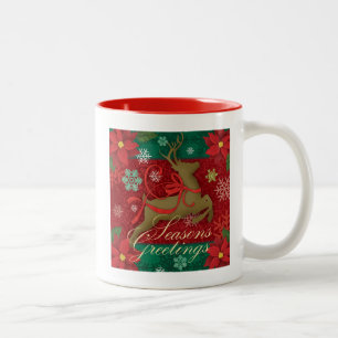 Festive Red Reindeer Holiday Mug,Seasons Greetings Two-Tone Coffee Mug