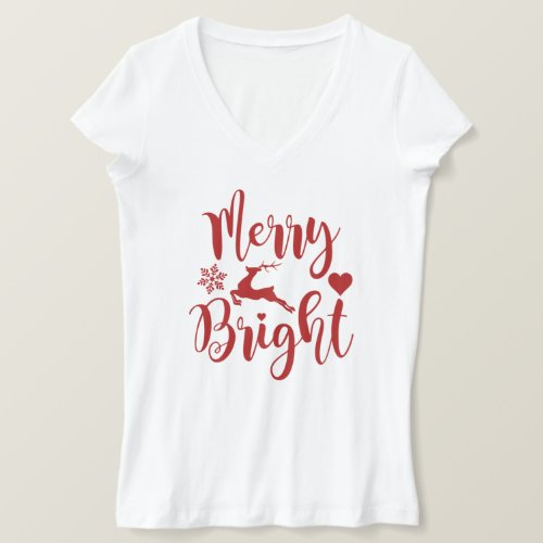 Festive Red Reindeer Merry and Bright Quote T_Shirt