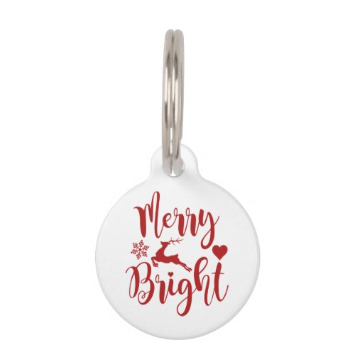 Festive Red Reindeer Merry Bright Christmas Quote Pet ID Tag