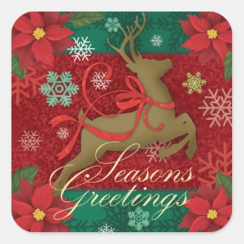 Festive Red Reindeer Stickers Seasons Greetings Square Sticker by FionaStokesGilbert at Zazzle