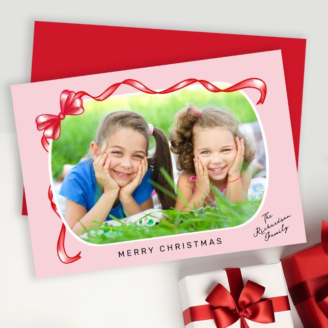 Festive Red Ribbon and Bow Curved Photo Christmas Holiday Card (Creator Uploaded)