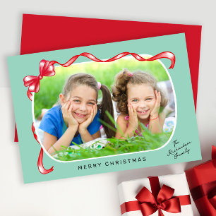 Festive Red Ribbon and Bow Curved Photo Christmas Holiday Card
