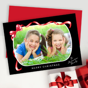 Festive Red Ribbon and Bow Curved Photo Christmas Holiday Card
