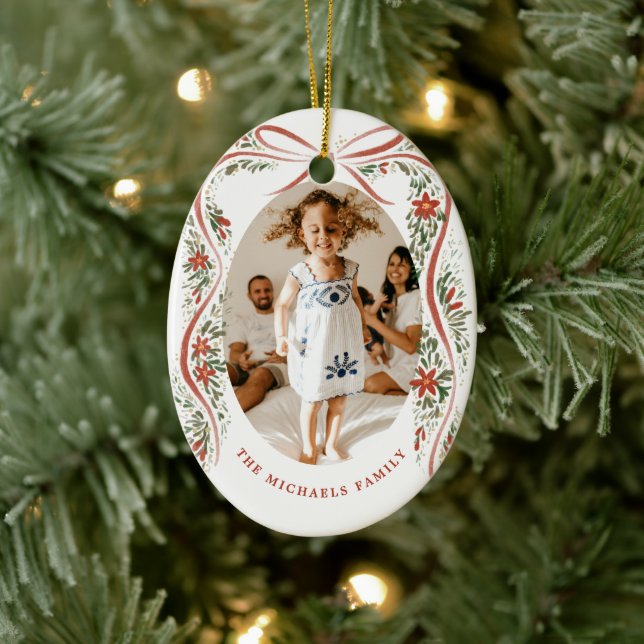 Festive Red Ribbon with Poinsettias and Greenery Ceramic Ornament (Tree)