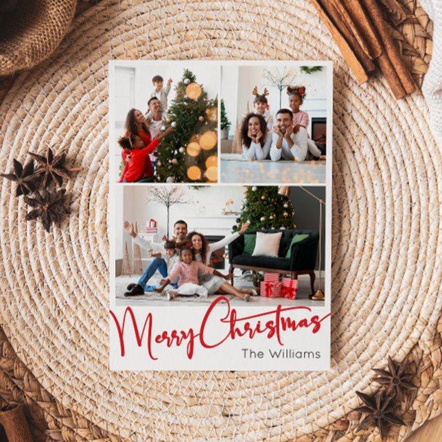 Festive Red Scrip Vertical 3 Photo Christmas Holiday Card (Creator Uploaded)