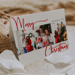 Festive Red Script Folded Three Photo Christmas  Holiday Card