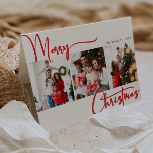 Festive Red Script Folded Three Photo Christmas  Holiday Card