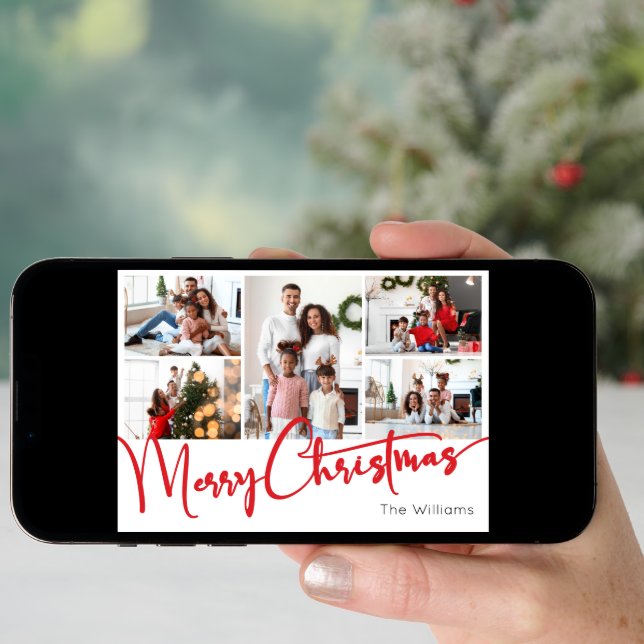 Festive Red Script Merry Christmas Eight Photo Holiday Card (Front Digital)