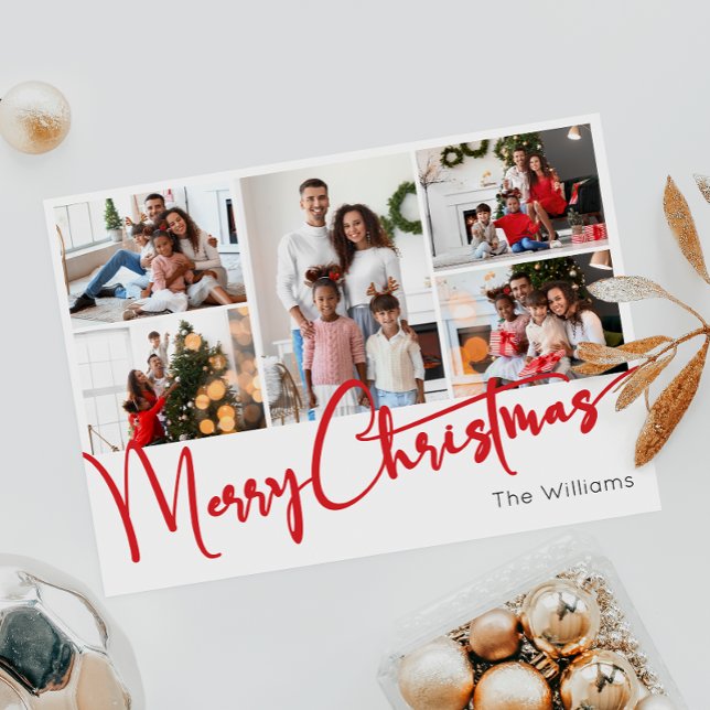 Festive Red Script Merry Christmas Five Photo Holiday Card (Creator Uploaded)