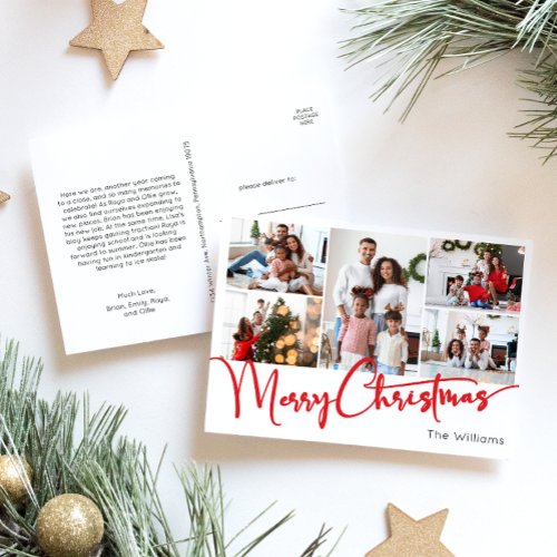 Festive Red Script Merry Christmas five photo Holiday Postcard