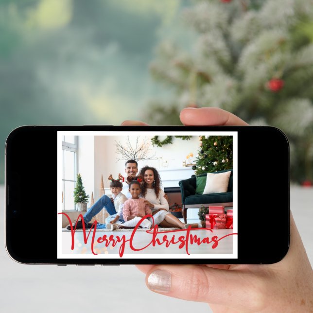 Festive Red Script Merry Christmas Four Photo Holiday Card (Front Digital)