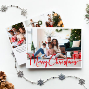 Festive Red Script Merry Christmas Four Photo Holiday Card