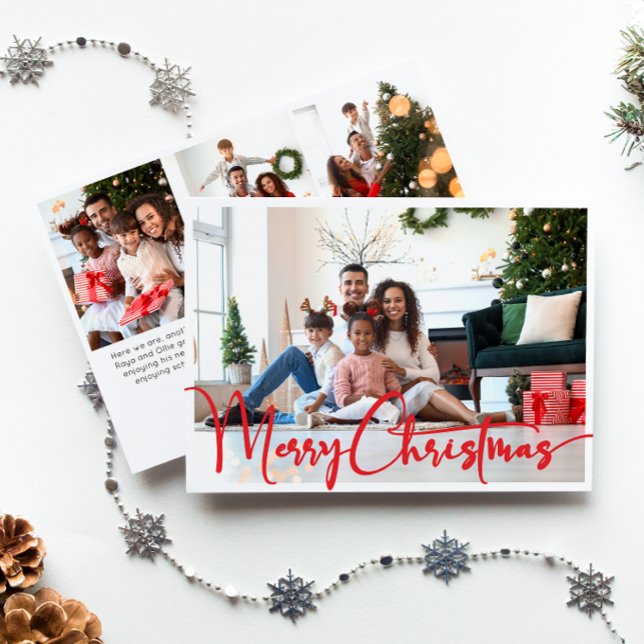 Festive Red Script Merry Christmas Four Photo Holiday Card (Creator Uploaded)
