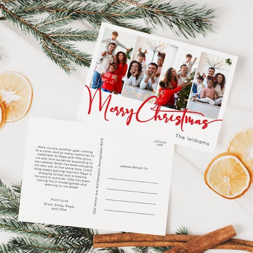 Festive Red Script Merry Christmas Four Photo Holiday Postcard