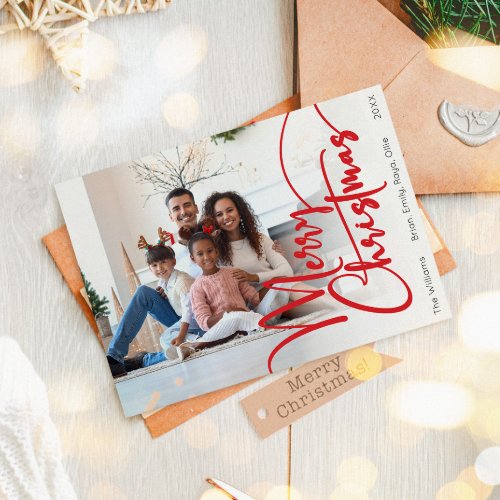 Festive Red Script Merry Christmas Full Photo Holiday Card