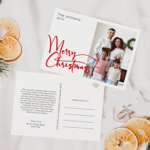 Festive Red Script Merry Christmas One Photo Holiday Postcard
