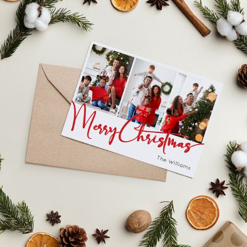 Festive Red Script Merry Christmas Six Photo Holiday Card