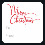 Festive Red Script Merry Christmas To From Square Sticker<br><div class="desc">Celebrate the season with this festive red script Merry Christmas to from square sticker featuring a touch of elegant charm. The chic design showcases a simple red-and-white color palette, evoking the cozy spirit of winter. Its modern and unique appeal and rustic wording create a perfect balance between seasonal and contemporary....</div>