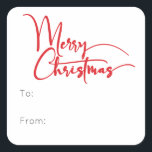 Festive Red Script Merry Christmas To From Square Sticker<br><div class="desc">Celebrate the season with this festive red script Merry Christmas to from square sticker featuring a touch of elegant charm. The chic design showcases a simple red-and-white color palette, evoking the cozy spirit of winter. Its modern and unique appeal and rustic wording create a perfect balance between seasonal and contemporary....</div>