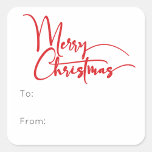 Festive Red Script Merry Christmas To From Square Sticker<br><div class="desc">Celebrate the season with this festive red script Merry Christmas to from square sticker featuring a touch of elegant charm. The chic design showcases a simple red-and-white color palette, evoking the cozy spirit of winter. Its modern and unique appeal and rustic wording create a perfect balance between seasonal and contemporary....</div>