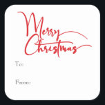 Festive Red Script Merry Christmas To From Square Sticker<br><div class="desc">Celebrate the season with this festive red script Merry Christmas to from square sticker featuring a touch of elegant charm. The chic design showcases a simple red-and-white color palette, evoking the cozy spirit of winter. Its modern and unique appeal and rustic wording create a perfect balance between seasonal and contemporary....</div>