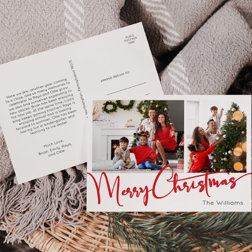 Festive Red Script Merry Christmas Two Photo Holiday Postcard