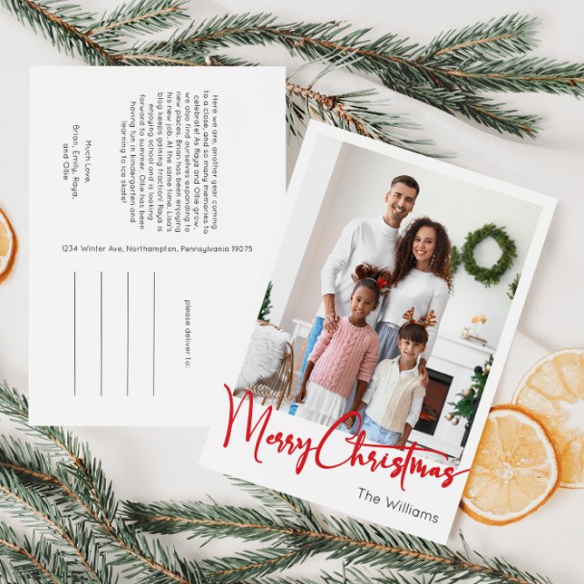 Festive Red Script Merry Christmas Vertical Photo  Holiday Postcard (Creator Uploaded)