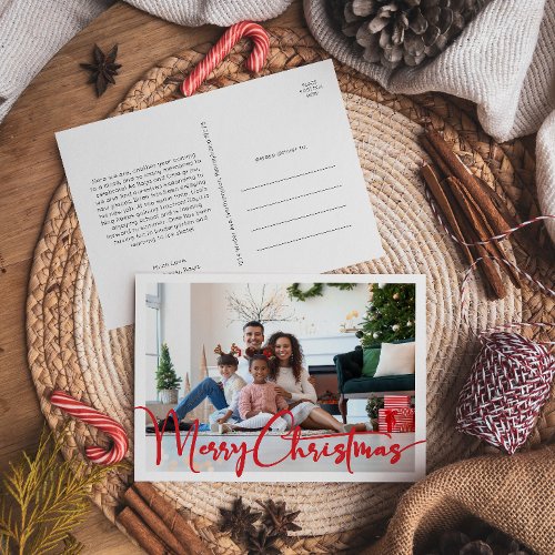 Festive Red Script Merry Christmas Year In Review Holiday Postcard