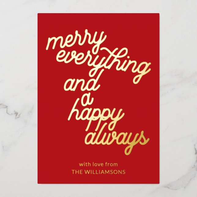 Festive Red Script Merry Everything Christmas Gold Foil Holiday Card (Front)