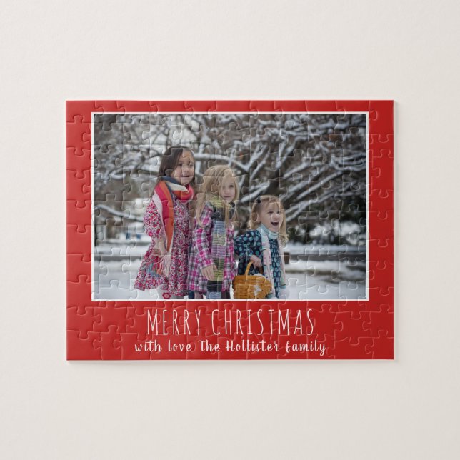 Festive Red Script Photo Christmas Holiday Jigsaw Puzzle (Horizontal)