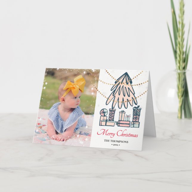 Festive Red Script Snowflakes Bokeh Pine Tree Fun Holiday Card (Front)