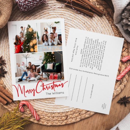 Festive Red Script Vertical 3 Photo Christmas Holiday Postcard