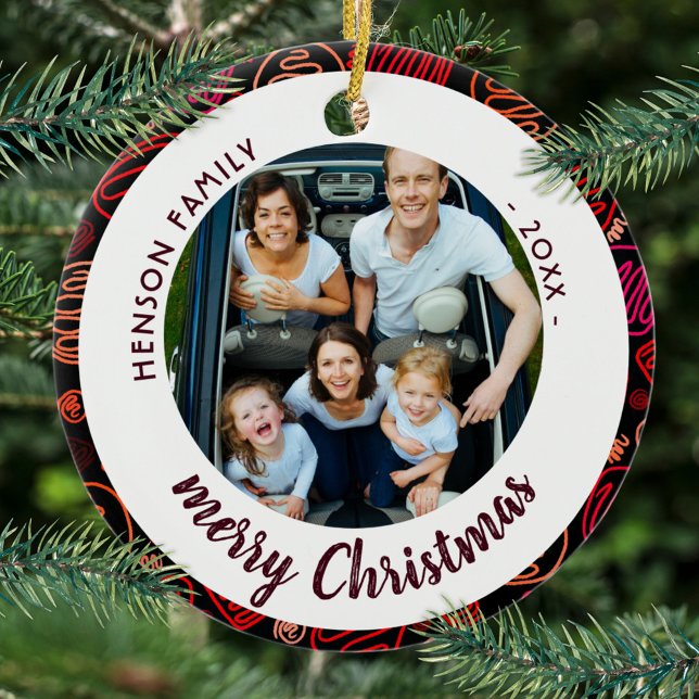 Festive Red Shapes Family Photo Merry Christmas Ceramic Ornament (Creator Uploaded)