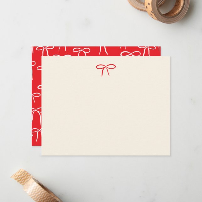 Festive Red Simple Bow Personal Stationery Note Card (Front/Back In Situ)