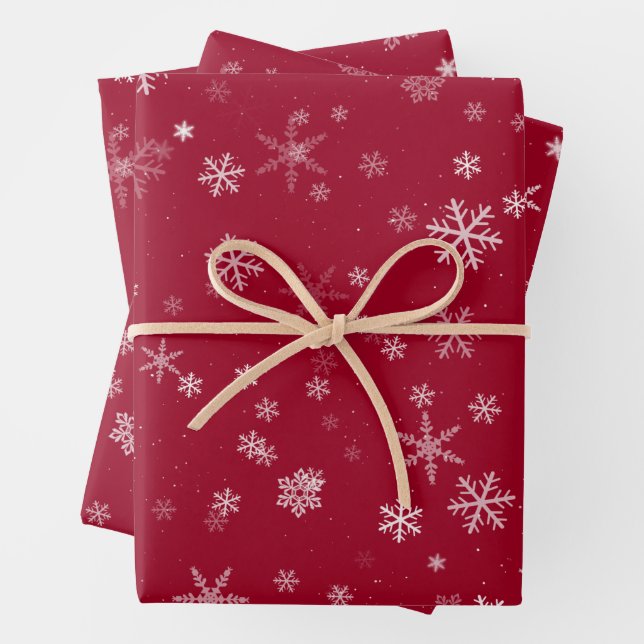 Festive Red Snowflake Pattern Christmas Holiday Wrapping Paper Sheets (In situ)