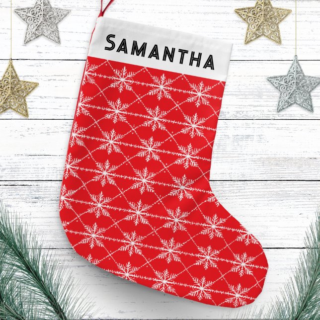 Festive Red Snowflake Pattern Modern Personalized Small Christmas Stocking (A personalized Christmas stocking in red with white snowflakes pattern)