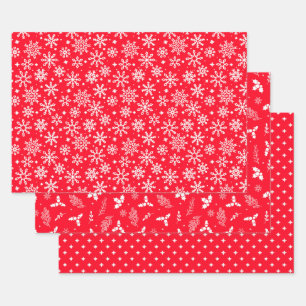 Festive Red Snowflakes Holly and Berries Wrapping Paper Sheets