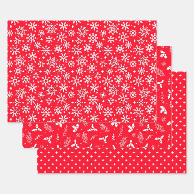 Festive Red Snowflakes Holly and Berries  Wrapping Paper Sheets (Set)