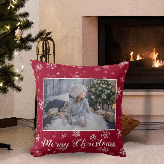 Festive Red Snowflakes Merry Christmas Photo Throw Pillow (Creator Uploaded)