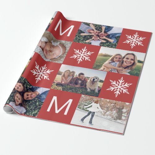 Festive Red Snowflakes Photo Collage Christmas Wrapping Paper