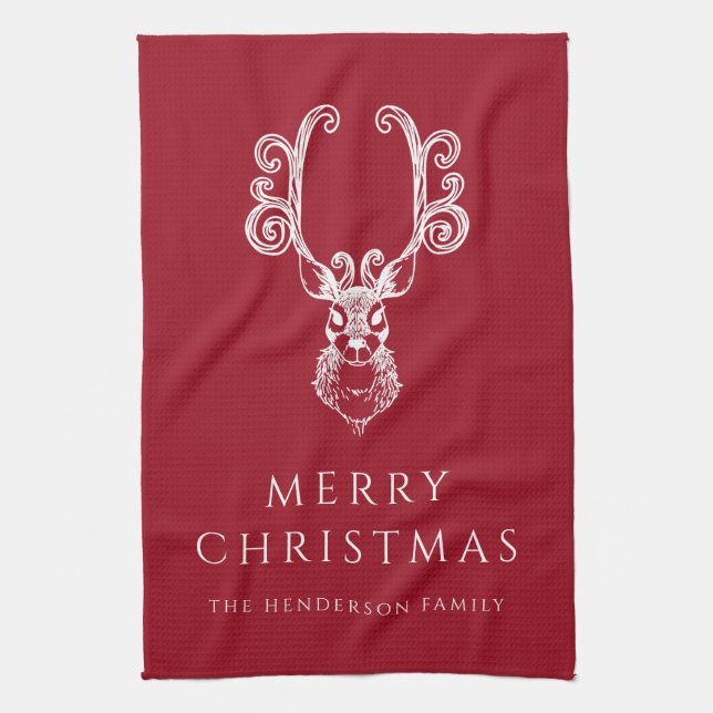 Festive Red Stag Merry Christmas  Kitchen Towel (Vertical)