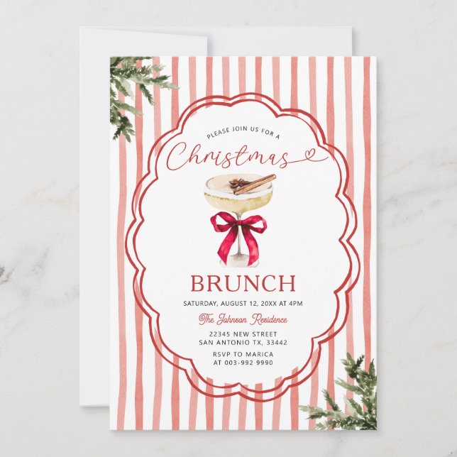 Festive Red Stripe & Holiday Christmas Brunch Invitation (Front)