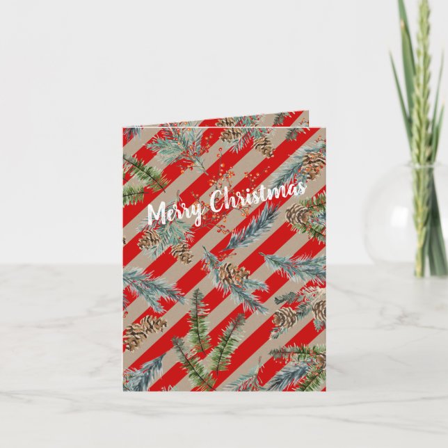 Festive Red Stripe Pine Spruce Cones Kraft Holiday Card (Front)