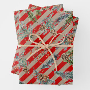 Festive Red Stripe Pine Spruce Cones Kraft Holiday Wrapping Paper Sheets