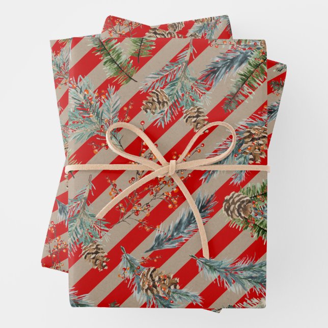 Festive Red Stripe Pine Spruce Cones Kraft Holiday Wrapping Paper Sheets (In situ)