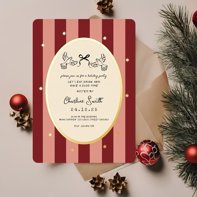 Festive Red Striped Holiday Party Invitation Foil Invitation (Creator Uploaded)