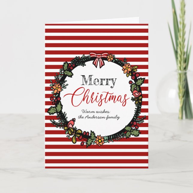 Festive Red Stripes Holly Wreath Merry Christmas  Card (Front)