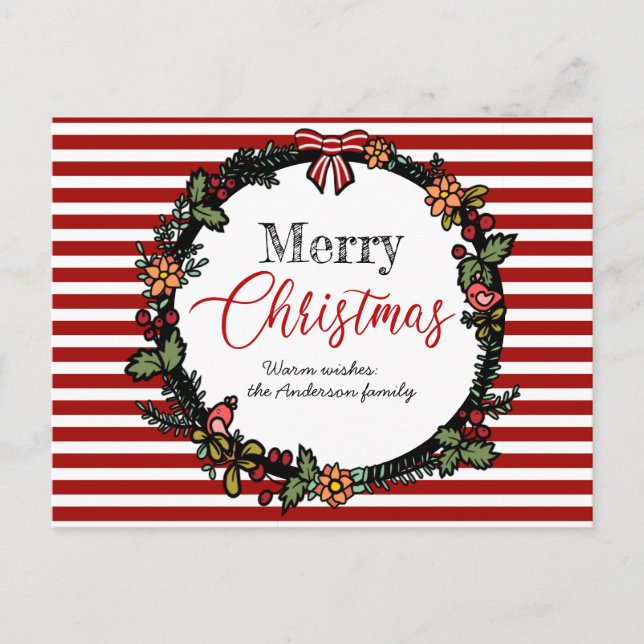 Festive Red Stripes Holly Wreath Merry Christmas  Postcard (Front)