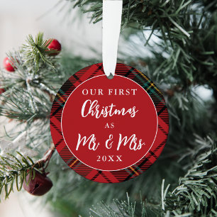 Festive Red Tartan Newlyweds First Christmas Photo Ornament