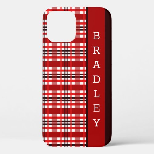 Festive Red Tartan Plaid Pattern Personalized Name iPhone 12 Case